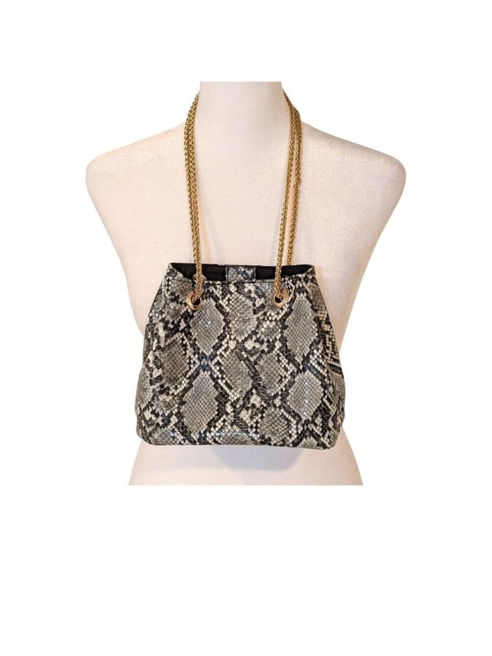 MMS Design Studio Snake Print Bucket Handbag,7" By 6.5" . Gold Tone Chain.